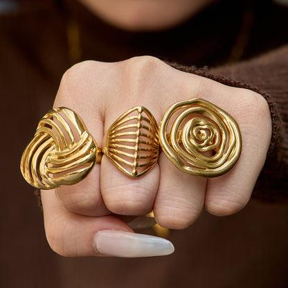 316L Stainless Steel 18K Gold PVD Geometric Hollow Open Ring - Geometric, Hollow, Open, Gold, Modern Wholesale Stainless Steel Jewelry - Sensitive Skin Friendly - Detail 7