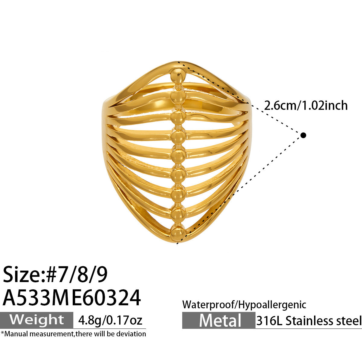 316L Stainless Steel 18K Gold PVD Geometric Hollow Open Ring - Geometric, Hollow, Open, Gold, Modern Wholesale Stainless Steel Jewelry - Sensitive Skin Friendly - Detail 9