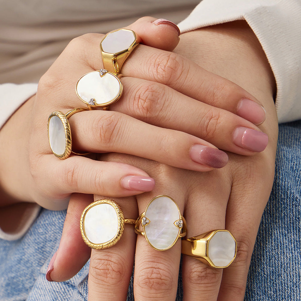 316L Stainless Steel 18K Gold PVD Geometric Natural Shell Ring - Geometric Natural Shell Gold Ring Wholesale Stainless Steel Jewelry - Sensitive Skin Friendly - Detail 13