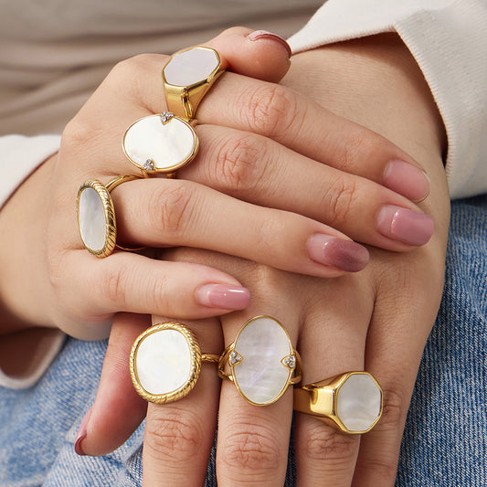 316L Stainless Steel 18K Gold PVD Geometric Natural Shell Ring - Geometric Natural Shell Gold Ring Wholesale Stainless Steel Jewelry - Sensitive Skin Friendly - Detail 13