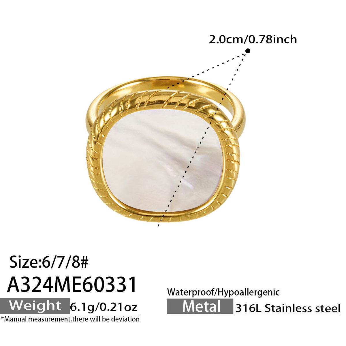 316L Stainless Steel 18K Gold PVD Geometric Natural Shell Ring - Geometric Natural Shell Gold Ring Wholesale Stainless Steel Jewelry - Sensitive Skin Friendly - Detail 15