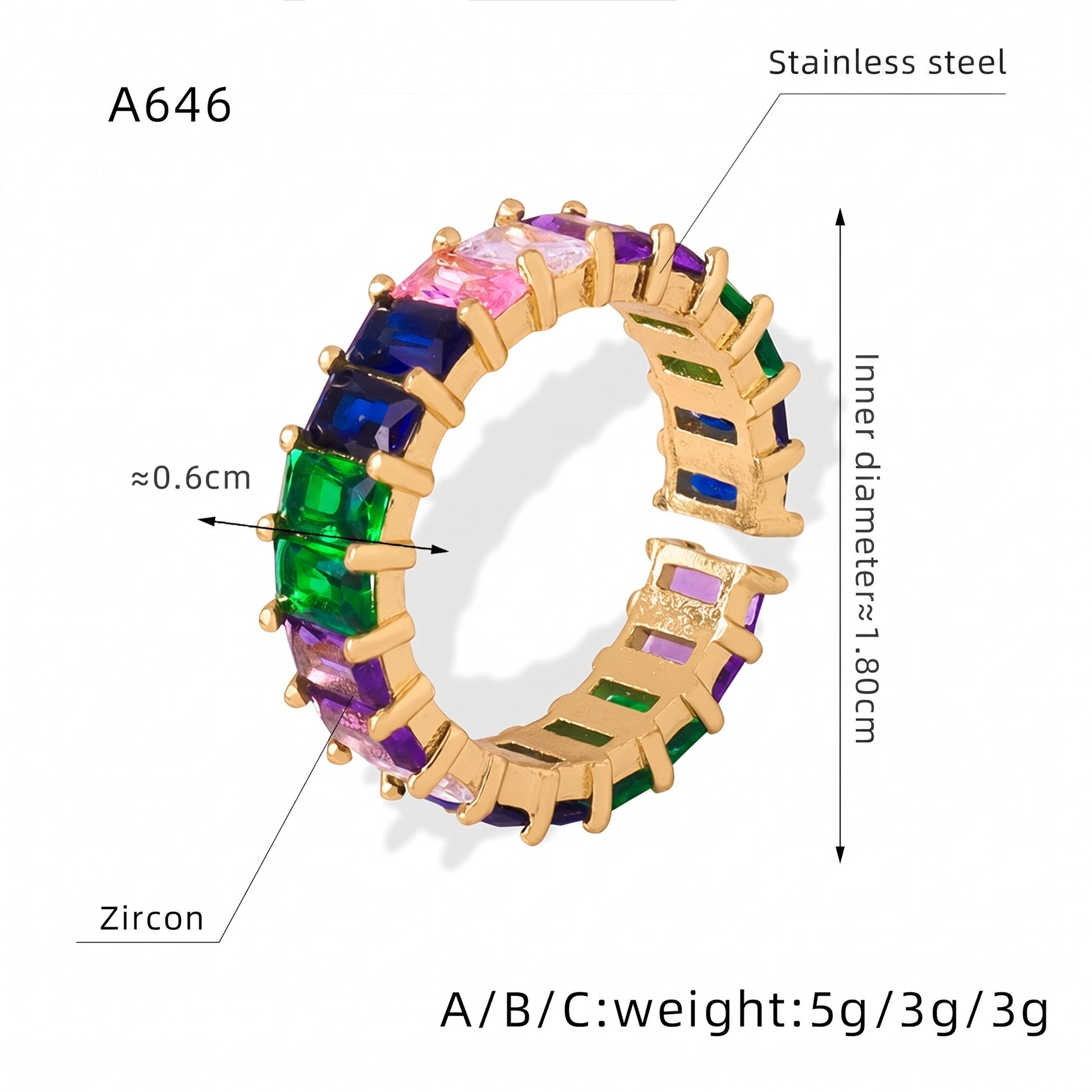316L Stainless Steel 18K Gold PVD Geometric Zircon Open Ring - Geometric Open Ring Multi-Color Zircon Wholesale Stainless Steel Jewelry - Sensitive Skin Friendly - Detail 1