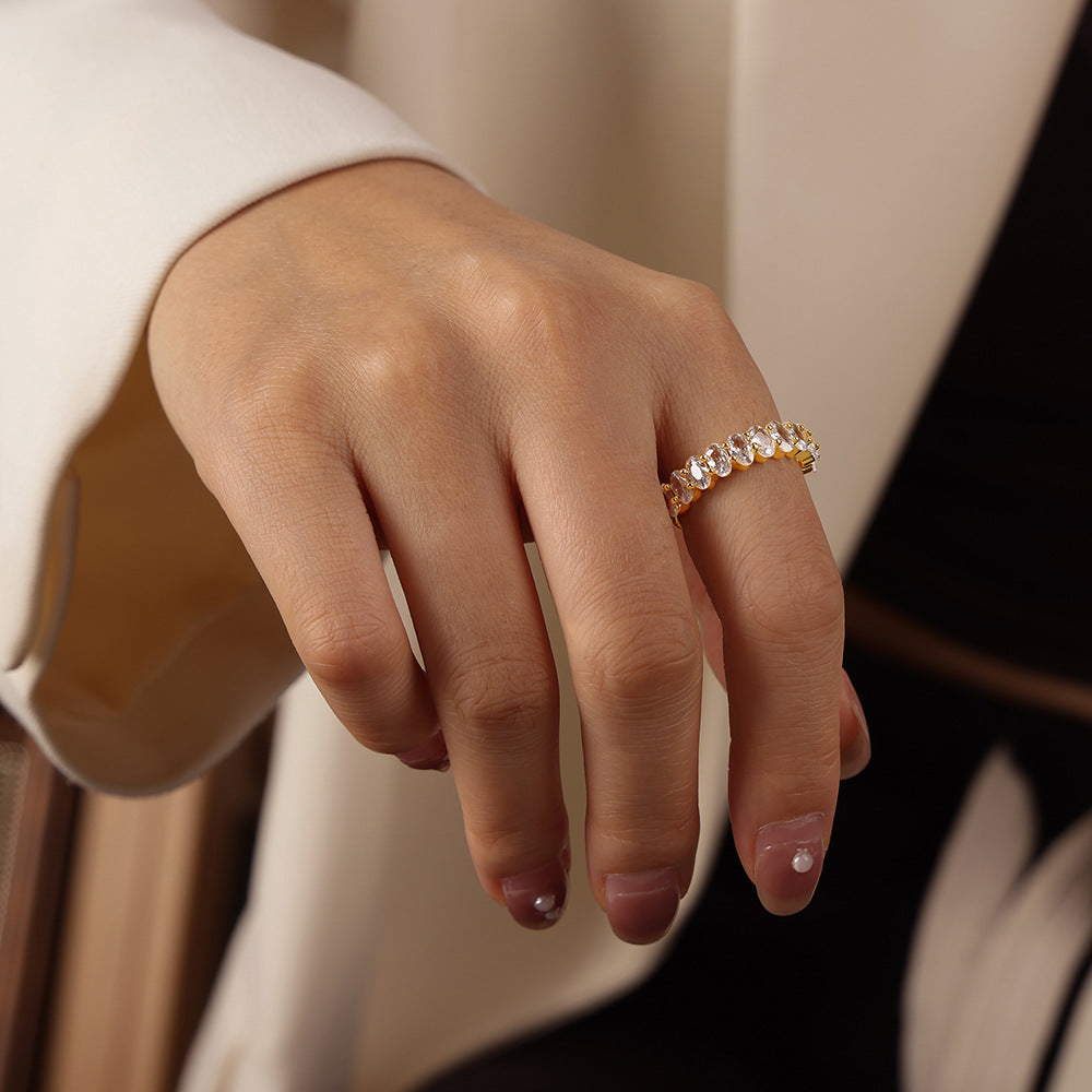 316L Stainless Steel 18K Gold PVD Geometric Zircon Open Ring - Geometric Open Ring Multi-Color Zircon Wholesale Stainless Steel Jewelry - Sensitive Skin Friendly - Detail 17