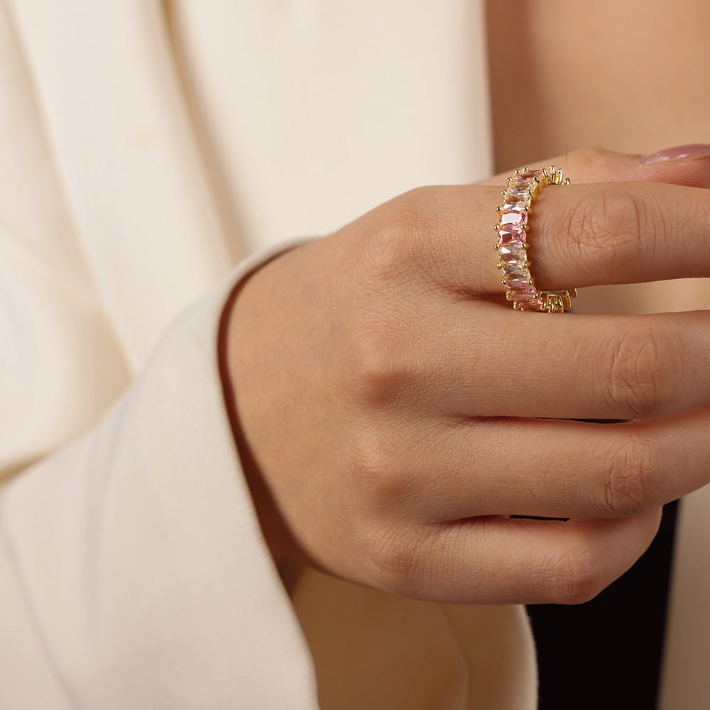 316L Stainless Steel 18K Gold PVD Geometric Zircon Open Ring - Geometric Open Ring Multi-Color Zircon Wholesale Stainless Steel Jewelry - Sensitive Skin Friendly - Detail 2