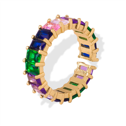 316L Stainless Steel 18K Gold PVD Geometric Zircon Open Ring - Geometric Open Ring Multi-Color Zircon Wholesale Stainless Steel Jewelry - Sensitive Skin Friendly - Detail 3