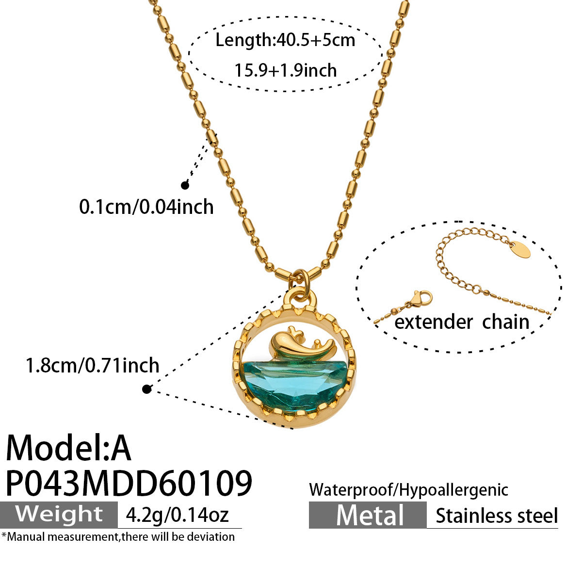 316L Stainless Steel 18K Gold PVD Glass Stone Ocean Whale Pendant Necklace - Glass Stone, Whale Pendant, Ocean Theme, Resort Style, Gold Necklace Wholesale Stainless Steel Jewelry - Sensitive Skin Friendly - Detail 14