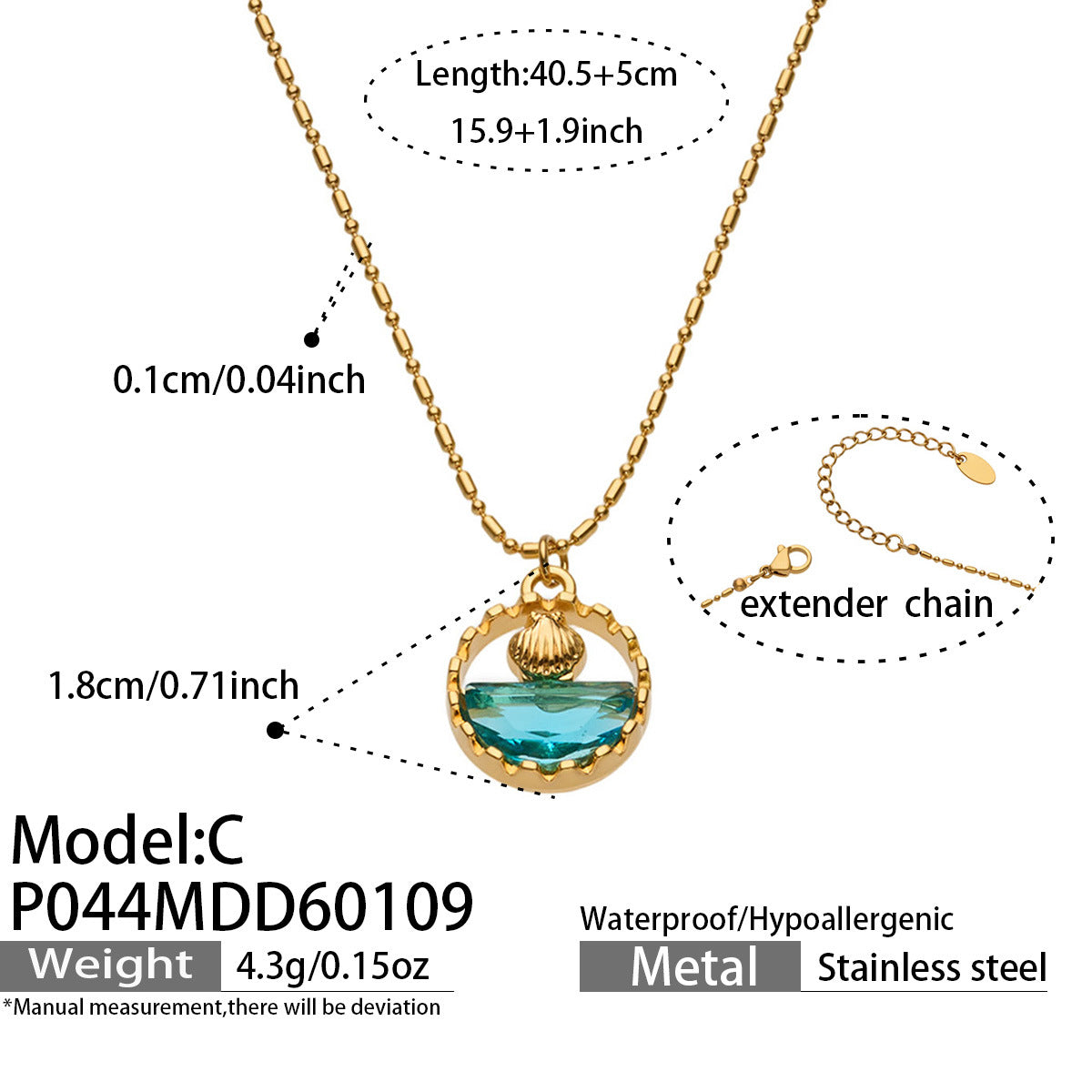 316L Stainless Steel 18K Gold PVD Glass Stone Ocean Whale Pendant Necklace - Glass Stone, Whale Pendant, Ocean Theme, Resort Style, Gold Necklace Wholesale Stainless Steel Jewelry - Sensitive Skin Friendly - Detail 17