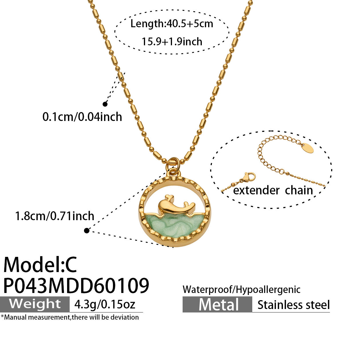 316L Stainless Steel 18K Gold PVD Glass Stone Ocean Whale Pendant Necklace - Glass Stone, Whale Pendant, Ocean Theme, Resort Style, Gold Necklace Wholesale Stainless Steel Jewelry - Sensitive Skin Friendly - Detail 2