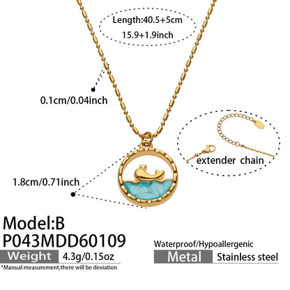 316L Stainless Steel 18K Gold PVD Glass Stone Ocean Whale Pendant Necklace - Glass Stone, Whale Pendant, Ocean Theme, Resort Style, Gold Necklace Wholesale Stainless Steel Jewelry - Sensitive Skin Friendly - Detail 20