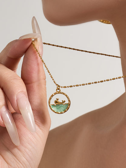 316L Stainless Steel 18K Gold PVD Glass Stone Ocean Whale Pendant Necklace - Glass Stone, Whale Pendant, Ocean Theme, Resort Style, Gold Necklace Wholesale Stainless Steel Jewelry - Sensitive Skin Friendly - Detail 4