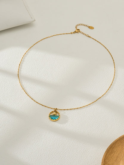 316L Stainless Steel 18K Gold PVD Glass Stone Ocean Whale Pendant Necklace - Glass Stone, Whale Pendant, Ocean Theme, Resort Style, Gold Necklace Wholesale Stainless Steel Jewelry - Sensitive Skin Friendly - Detail 6