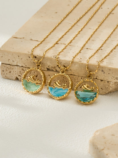 316L Stainless Steel 18K Gold PVD Glass Stone Ocean Whale Pendant Necklace - Glass Stone, Whale Pendant, Ocean Theme, Resort Style, Gold Necklace Wholesale Stainless Steel Jewelry - Sensitive Skin Friendly - Detail 7