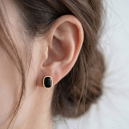 316L Stainless Steel 18K Gold PVD Green Black Onyx Earrings - Elegant Green Black Onyx, Minimalist Design Wholesale Stainless Steel Jewelry - Sensitive Skin Friendly - Detail 11