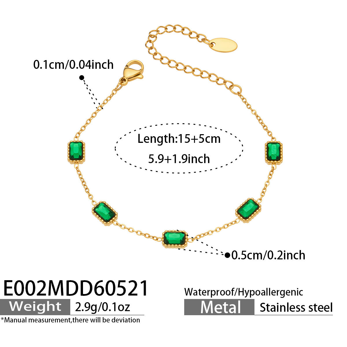 316L Stainless Steel 18K Gold PVD Green Zircon Bracelet - Vintage Gold Band Green Zircon Wholesale Stainless Steel Jewelry - Sensitive Skin Friendly - Detail 6