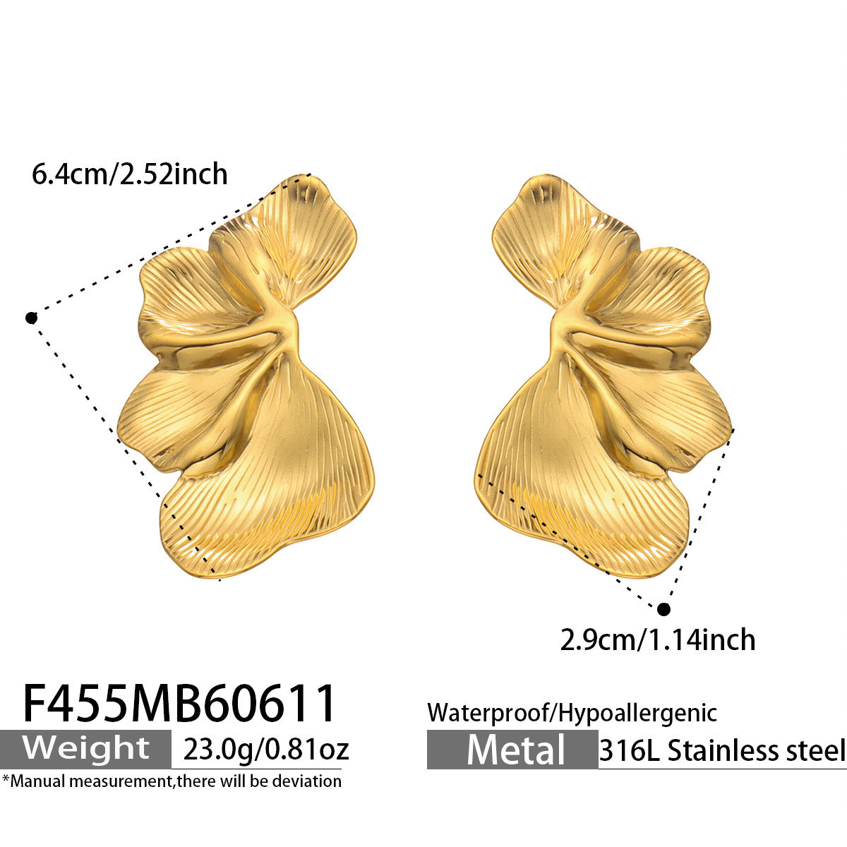 316L Stainless Steel 18K Gold PVD Half Petal Earrings - Half Petal Elegant Minimalist Wholesale Stainless Steel Jewelry - Sensitive Skin Friendly - Detail 3