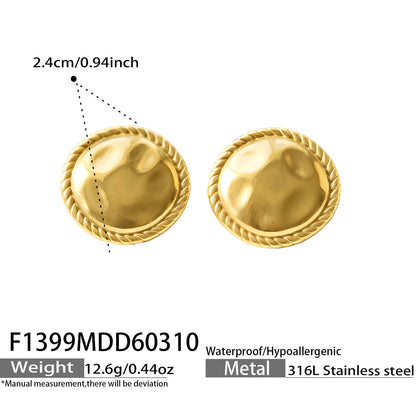 316L Stainless Steel 18K Gold PVD Hammered Round Textured Earrings - Hammered Round, Textured, Minimalist, Chic Wholesale Stainless Steel Jewelry - Sensitive Skin Friendly - Detail 11