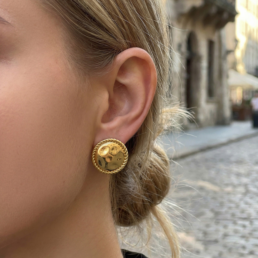 316L Stainless Steel 18K Gold PVD Hammered Round Textured Earrings - Hammered Round, Textured, Minimalist, Chic Wholesale Stainless Steel Jewelry - Sensitive Skin Friendly - Detail 2