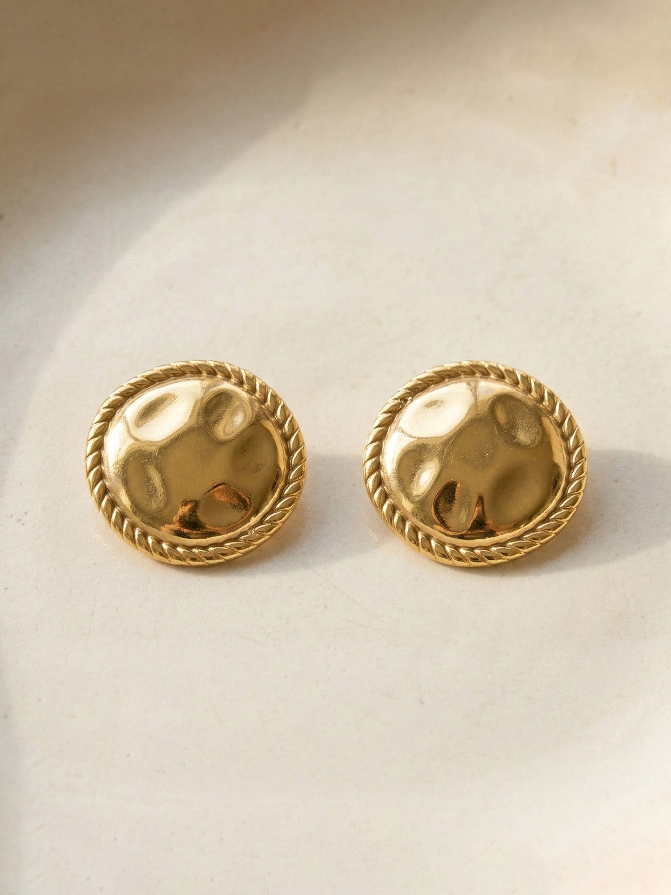 316L Stainless Steel 18K Gold PVD Hammered Round Textured Earrings - Hammered Round, Textured, Minimalist, Chic Wholesale Stainless Steel Jewelry - Sensitive Skin Friendly - Detail 6