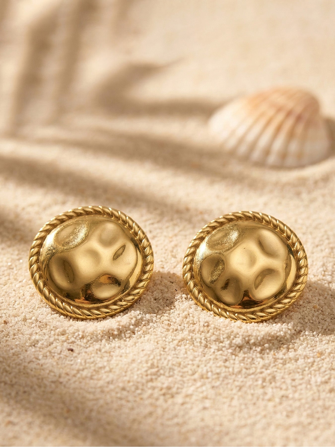316L Stainless Steel 18K Gold PVD Hammered Round Textured Earrings - Hammered Round, Textured, Minimalist, Chic Wholesale Stainless Steel Jewelry - Sensitive Skin Friendly - Detail 7