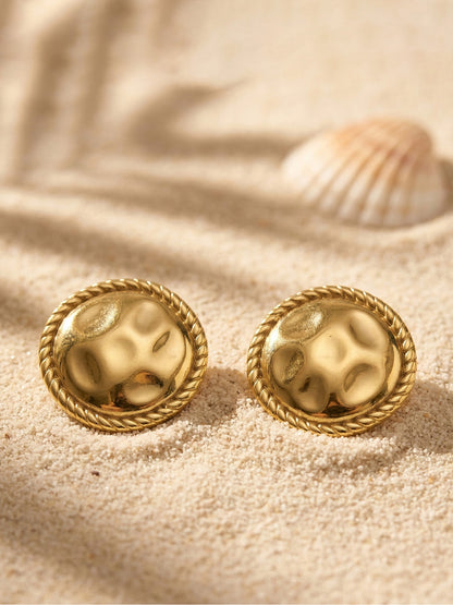 316L Stainless Steel 18K Gold PVD Hammered Round Textured Earrings - Hammered Round, Textured, Minimalist, Chic Wholesale Stainless Steel Jewelry - Sensitive Skin Friendly - Detail 7