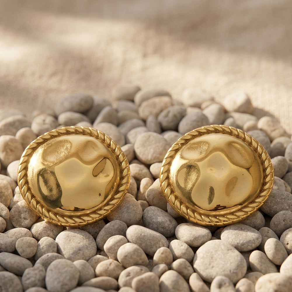 316L Stainless Steel 18K Gold PVD Hammered Round Textured Earrings - Hammered Round, Textured, Minimalist, Chic Wholesale Stainless Steel Jewelry - Sensitive Skin Friendly - Detail 9