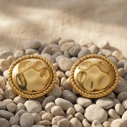 316L Stainless Steel 18K Gold PVD Hammered Round Textured Earrings - Hammered Round, Textured, Minimalist, Chic Wholesale Stainless Steel Jewelry - Sensitive Skin Friendly - Detail 9