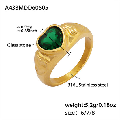 316L Stainless Steel 18K Gold PVD Heart Crystal Ring - Heart Crystal Ring White Glass Stone Green Glass Stone Minimalist Wholesale Stainless Steel Jewelry - Sensitive Skin Friendly - Detail 10