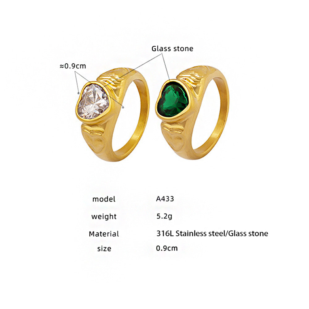 316L Stainless Steel 18K Gold PVD Heart Crystal Ring - Heart Crystal Ring White Glass Stone Green Glass Stone Minimalist Wholesale Stainless Steel Jewelry - Sensitive Skin Friendly - Detail 2