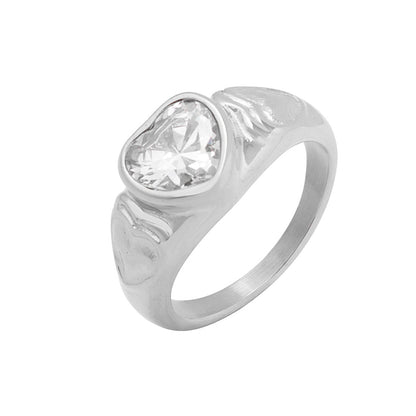 316L Stainless Steel 18K Gold PVD Heart Crystal Ring - Heart Crystal Ring White Glass Stone Green Glass Stone Minimalist Wholesale Stainless Steel Jewelry - Sensitive Skin Friendly - Detail 3