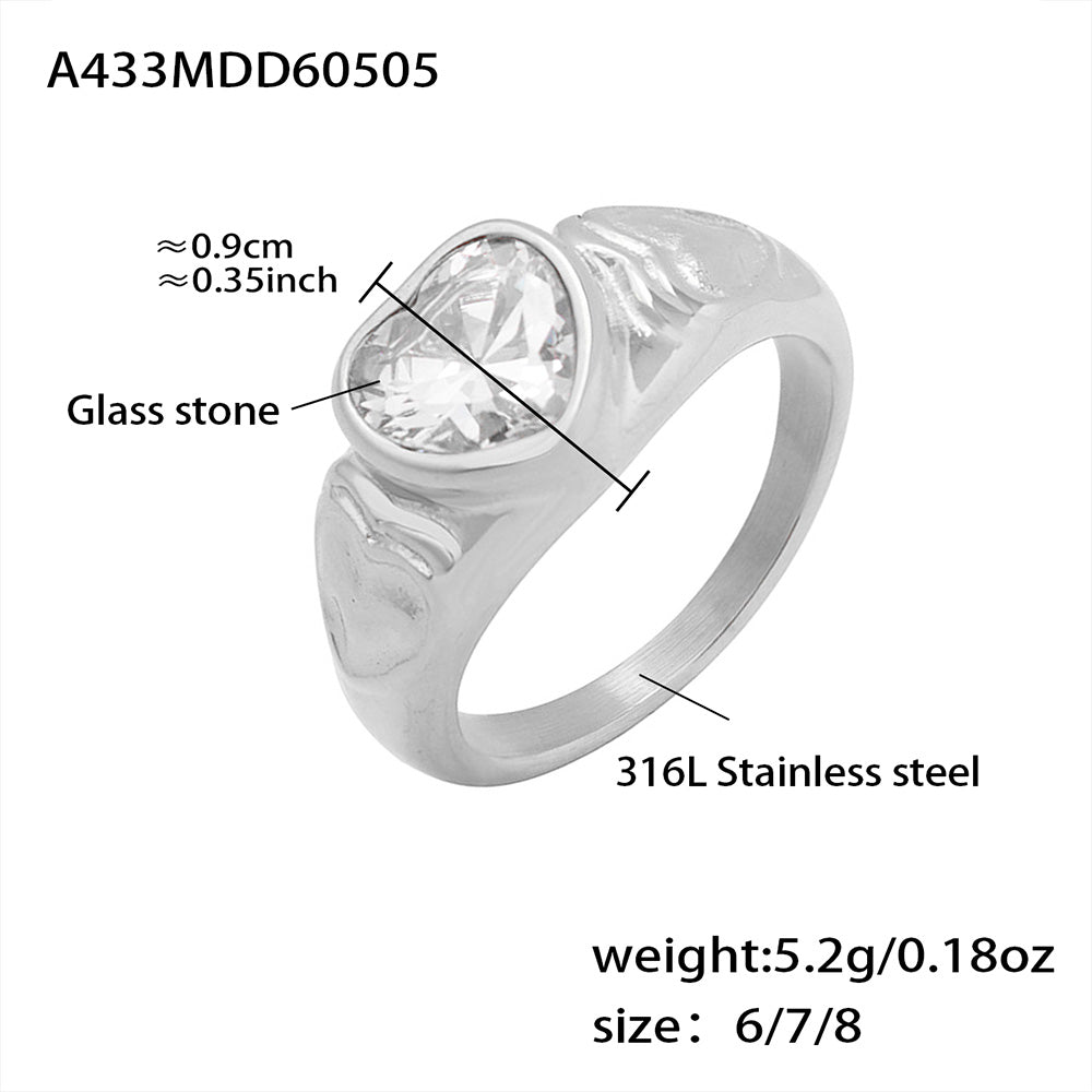 316L Stainless Steel 18K Gold PVD Heart Crystal Ring - Heart Crystal Ring White Glass Stone Green Glass Stone Minimalist Wholesale Stainless Steel Jewelry - Sensitive Skin Friendly - Detail 4