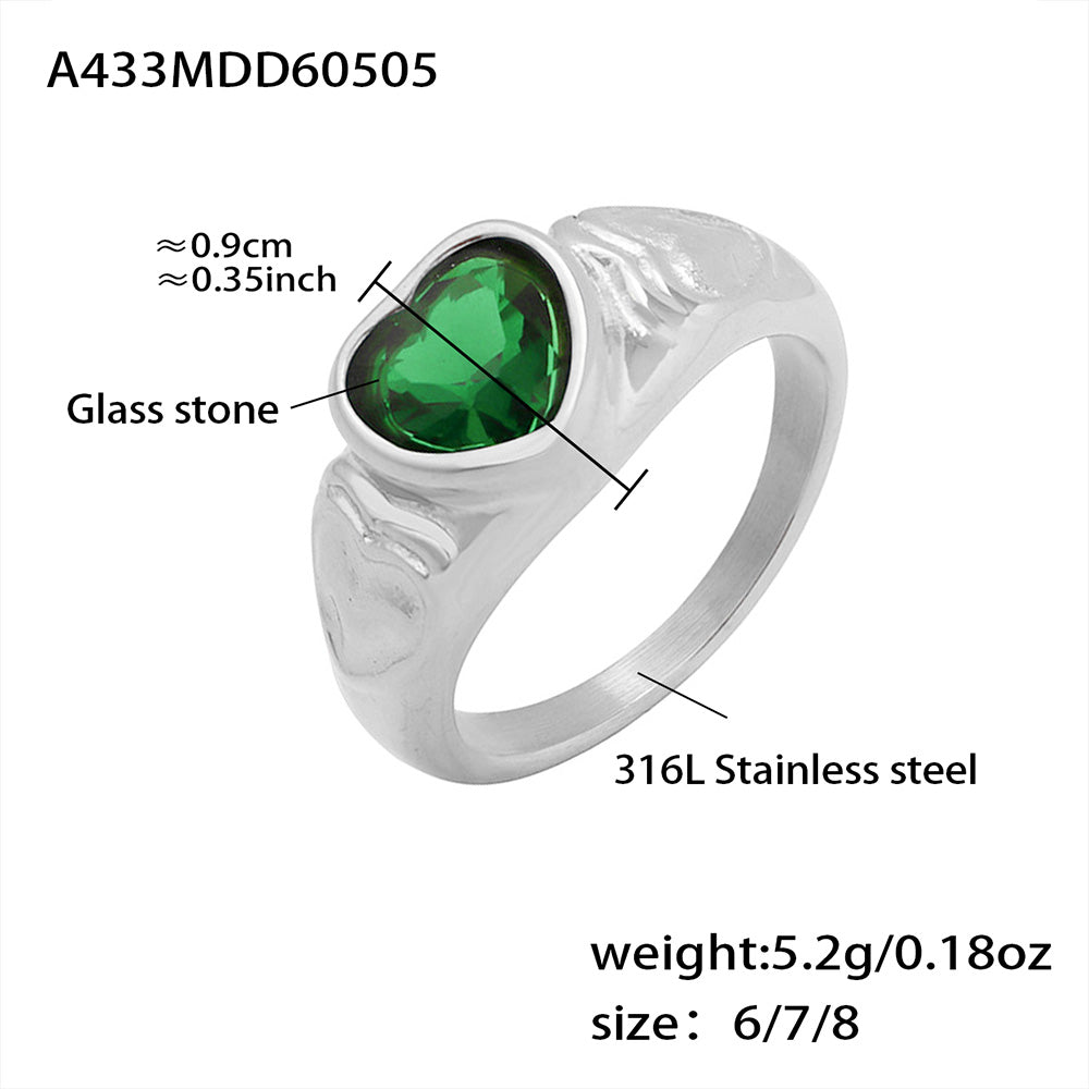 316L Stainless Steel 18K Gold PVD Heart Crystal Ring - Heart Crystal Ring White Glass Stone Green Glass Stone Minimalist Wholesale Stainless Steel Jewelry - Sensitive Skin Friendly - Detail 6
