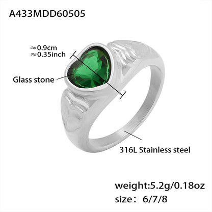 316L Stainless Steel 18K Gold PVD Heart Crystal Ring - Heart Crystal Ring White Glass Stone Green Glass Stone Minimalist Wholesale Stainless Steel Jewelry - Sensitive Skin Friendly - Detail 6