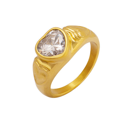 316L Stainless Steel 18K Gold PVD Heart Crystal Ring - Heart Crystal Ring White Glass Stone Green Glass Stone Minimalist Wholesale Stainless Steel Jewelry - Sensitive Skin Friendly - Detail 7