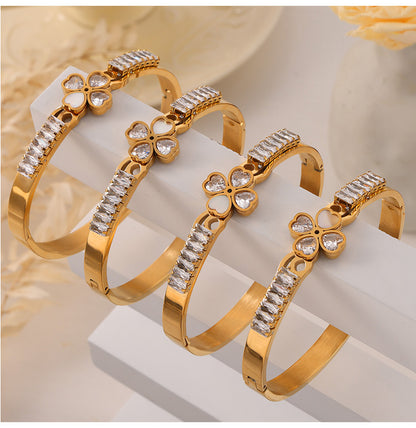 316L Stainless Steel 18K Gold PVD Heart Inlay Zircon Mother of Pearl Statement Bangle - French Elegant Heart Inlay Zircon Mother of Pearl Statement Bangle Wholesale Stainless Steel Jewelry - Sensitive Skin Friendly - Detail 7