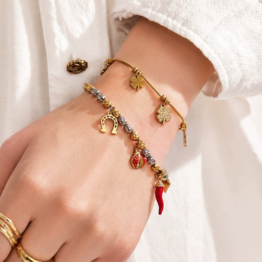 316L Stainless Steel 18K Gold PVD Heart Ladybug Four-Leaf Clover Zircon Bracelet - Heart Ladybug Four-Leaf Clover Zircon Lucky Charm Minimalist Gold Bracelet Wholesale Stainless Steel Jewelry - Sensitive Skin Friendly - Detail 2