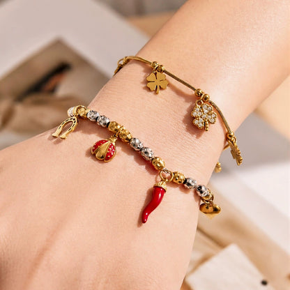 316L Stainless Steel 18K Gold PVD Heart Ladybug Four-Leaf Clover Zircon Bracelet - Heart Ladybug Four-Leaf Clover Zircon Lucky Charm Minimalist Gold Bracelet Wholesale Stainless Steel Jewelry - Sensitive Skin Friendly - Detail 3