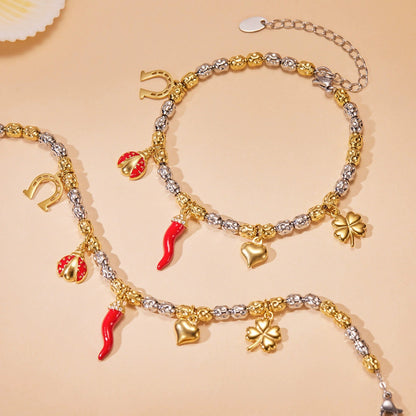316L Stainless Steel 18K Gold PVD Heart Ladybug Four-Leaf Clover Zircon Bracelet - Heart Ladybug Four-Leaf Clover Zircon Lucky Charm Minimalist Gold Bracelet Wholesale Stainless Steel Jewelry - Sensitive Skin Friendly - Detail 4