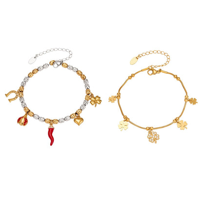 316L Stainless Steel 18K Gold PVD Heart Ladybug Four-Leaf Clover Zircon Bracelet - Heart Ladybug Four-Leaf Clover Zircon Lucky Charm Minimalist Gold Bracelet Wholesale Stainless Steel Jewelry - Sensitive Skin Friendly - Detail 5