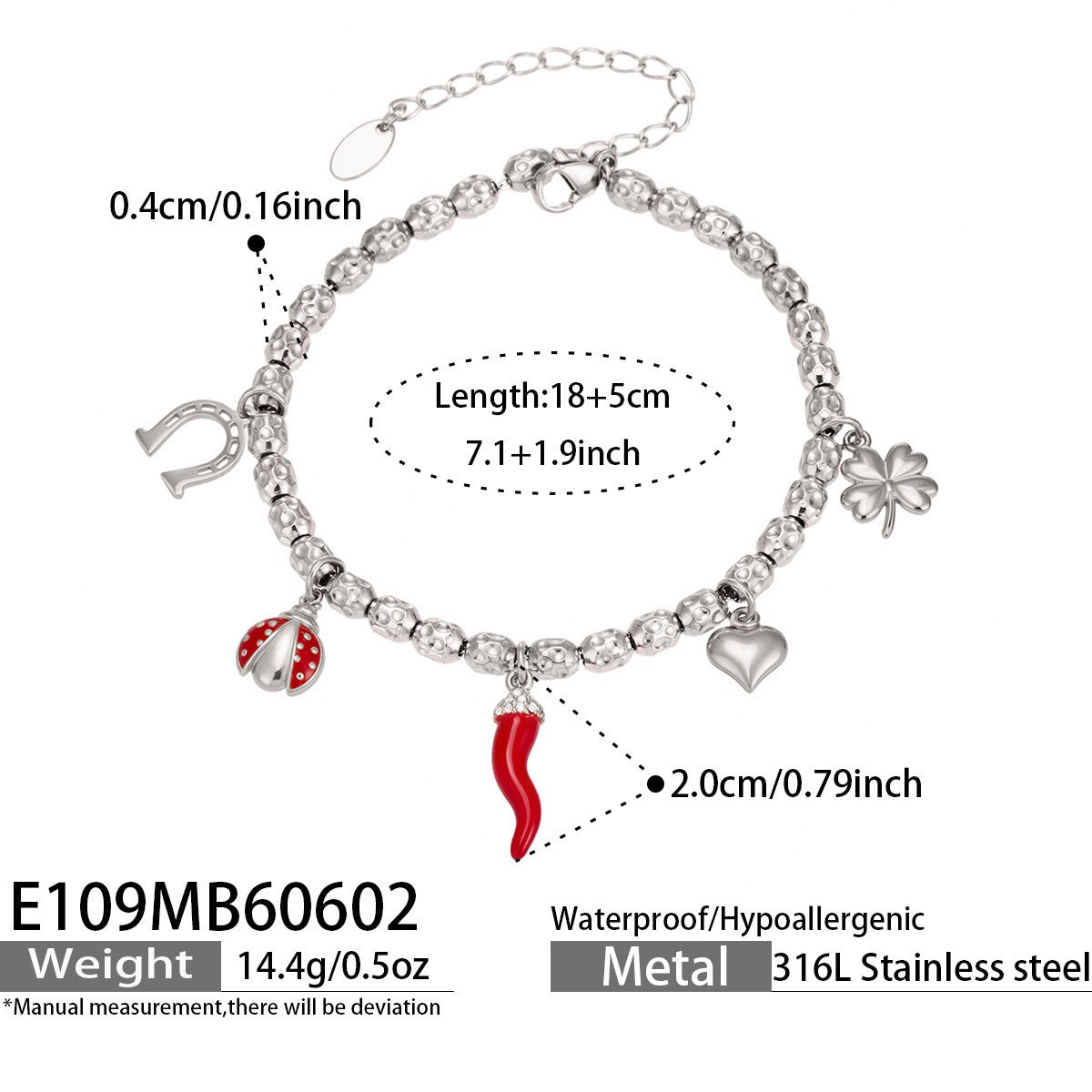 316L Stainless Steel 18K Gold PVD Heart Ladybug Four-Leaf Clover Zircon Bracelet - Heart Ladybug Four-Leaf Clover Zircon Lucky Charm Minimalist Gold Bracelet Wholesale Stainless Steel Jewelry - Sensitive Skin Friendly - Detail 6