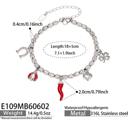 316L Stainless Steel 18K Gold PVD Heart Ladybug Four-Leaf Clover Zircon Bracelet - Heart Ladybug Four-Leaf Clover Zircon Lucky Charm Minimalist Gold Bracelet Wholesale Stainless Steel Jewelry - Sensitive Skin Friendly - Detail 6