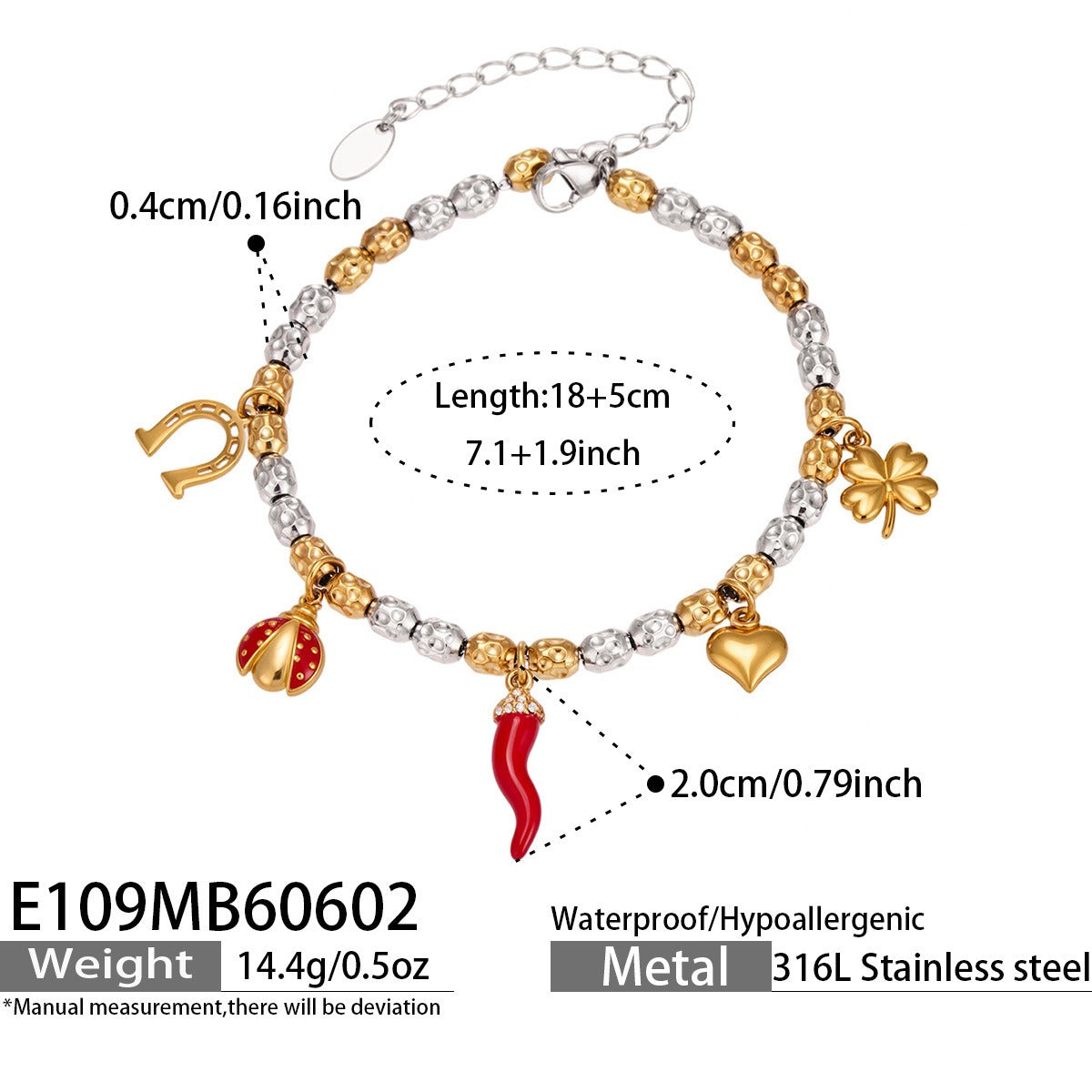 316L Stainless Steel 18K Gold PVD Heart Ladybug Four-Leaf Clover Zircon Bracelet - Heart Ladybug Four-Leaf Clover Zircon Lucky Charm Minimalist Gold Bracelet Wholesale Stainless Steel Jewelry - Sensitive Skin Friendly - Detail 7