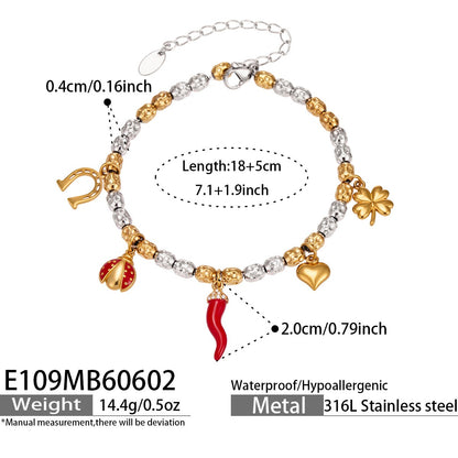 316L Stainless Steel 18K Gold PVD Heart Ladybug Four-Leaf Clover Zircon Bracelet - Heart Ladybug Four-Leaf Clover Zircon Lucky Charm Minimalist Gold Bracelet Wholesale Stainless Steel Jewelry - Sensitive Skin Friendly - Detail 7
