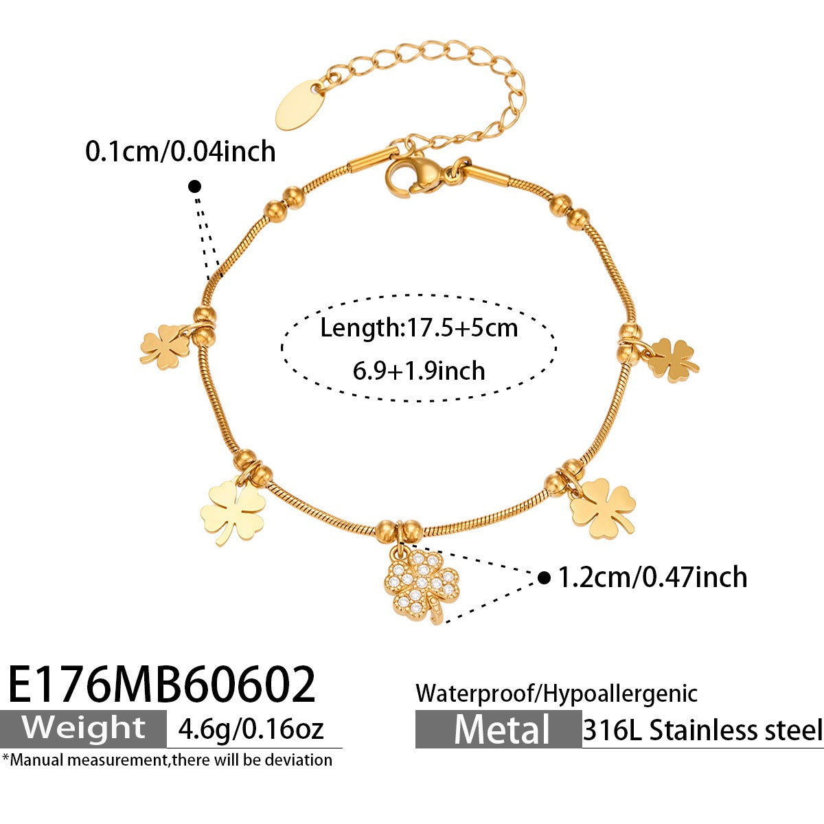 316L Stainless Steel 18K Gold PVD Heart Ladybug Four-Leaf Clover Zircon Bracelet - Heart Ladybug Four-Leaf Clover Zircon Lucky Charm Minimalist Gold Bracelet Wholesale Stainless Steel Jewelry - Sensitive Skin Friendly - Detail 9