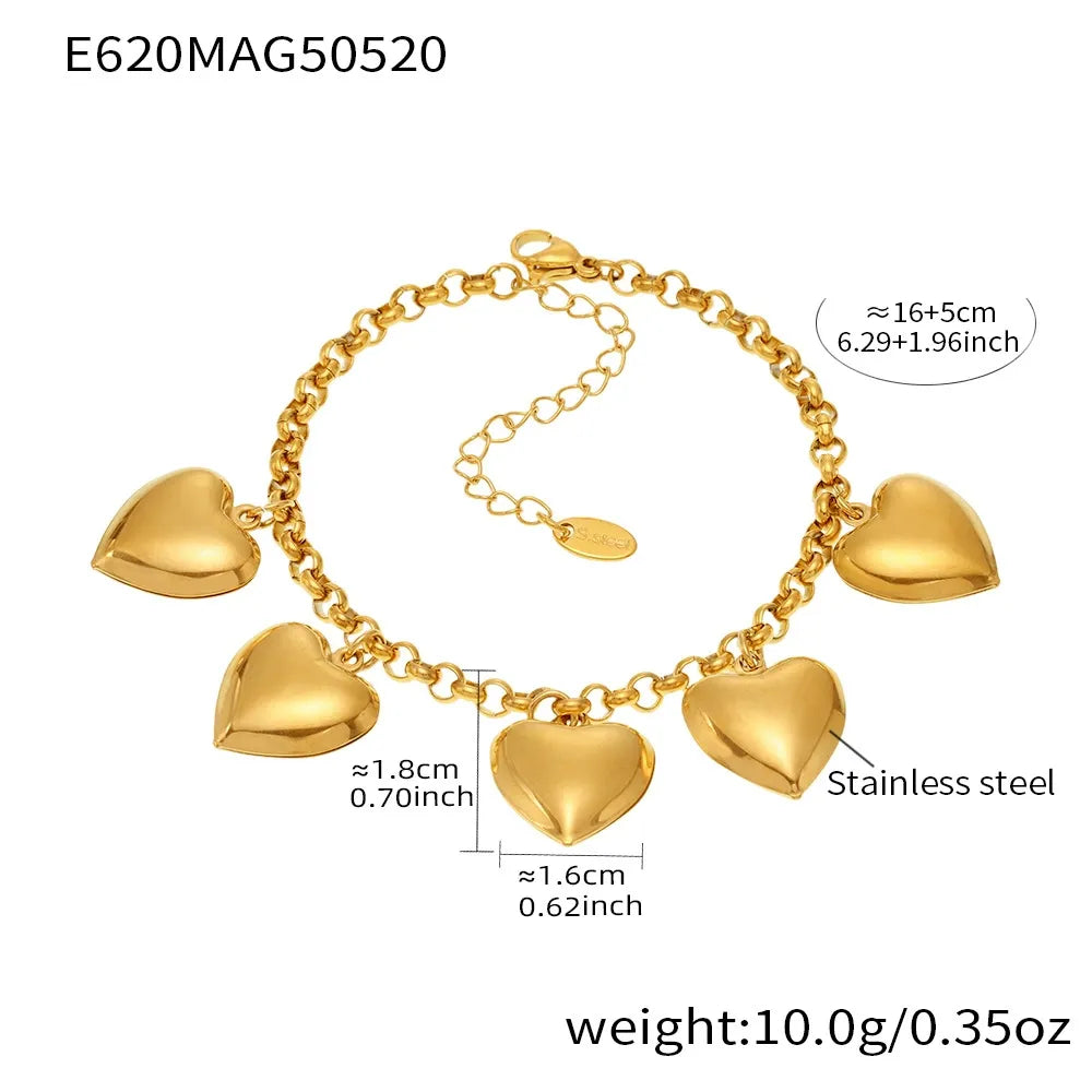316L Stainless Steel 18K Gold PVD Heart Link Charm Bracelet - Image 6