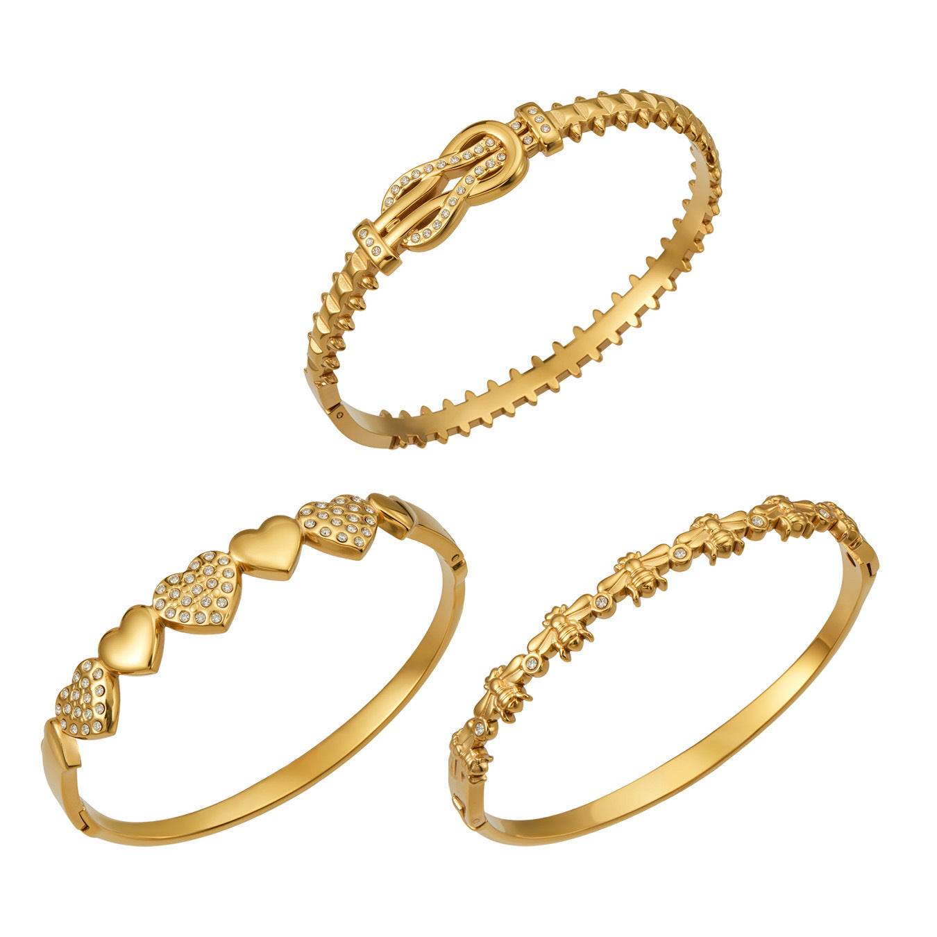 316L Stainless Steel 18K Gold PVD Heart Lock Bangle - Heart Lock Minimalist Gold Bangle Wholesale Stainless Steel Jewelry - Sensitive Skin Friendly - Detail 1