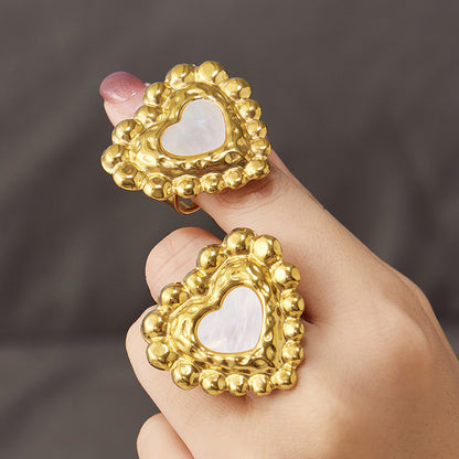316L Stainless Steel 18K Gold PVD Heart Mother of Pearl Color-Drip Ring - Heart Mother of Pearl Color-Drip Gold Ring Wholesale Stainless Steel Jewelry - Sensitive Skin Friendly - Detail 11