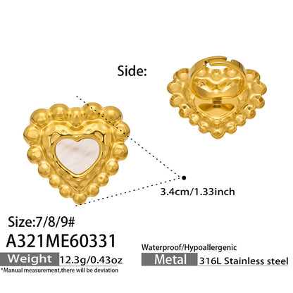 316L Stainless Steel 18K Gold PVD Heart Mother of Pearl Color-Drip Ring - Heart Mother of Pearl Color-Drip Gold Ring Wholesale Stainless Steel Jewelry - Sensitive Skin Friendly - Detail 3