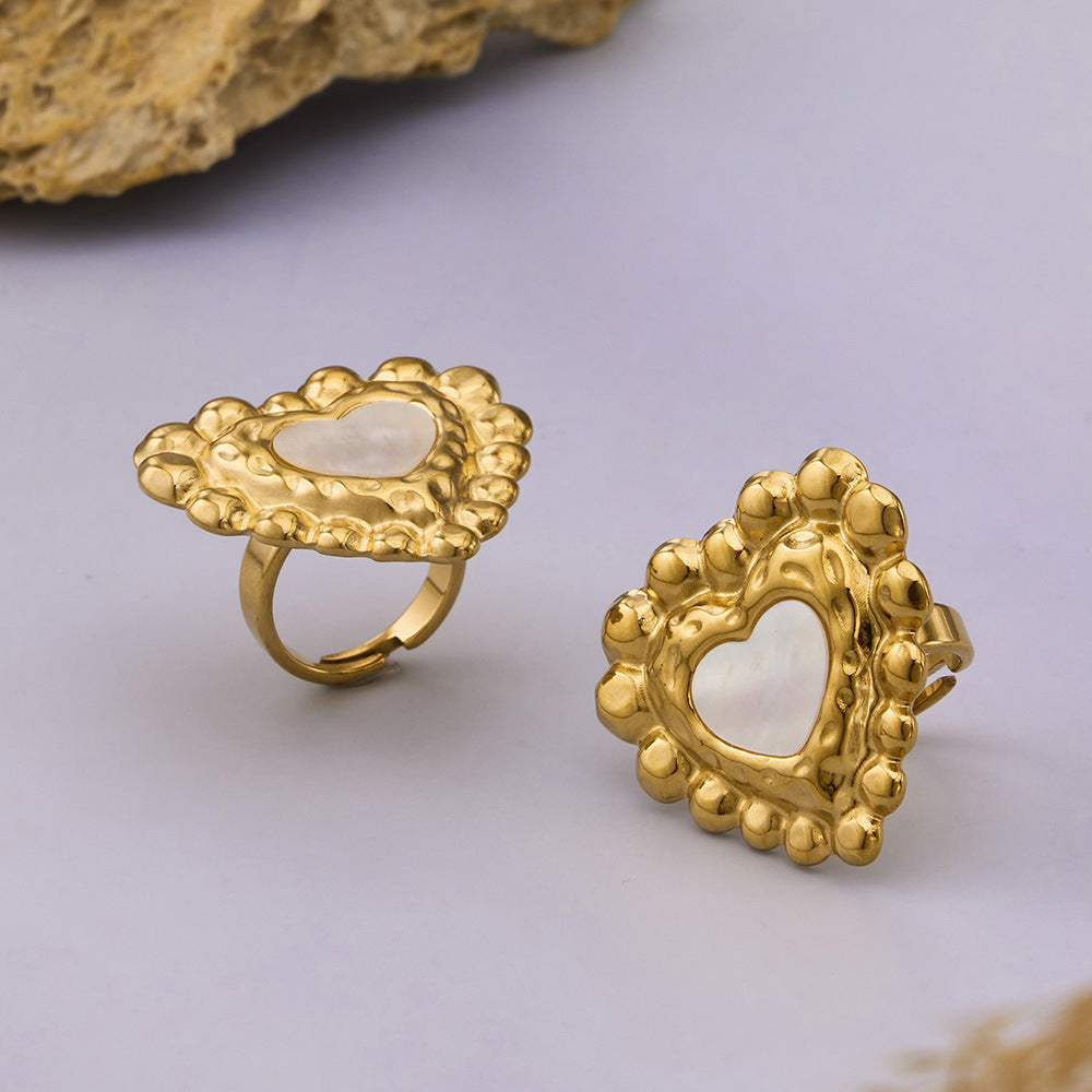 316L Stainless Steel 18K Gold PVD Heart Mother of Pearl Color-Drip Ring - Heart Mother of Pearl Color-Drip Gold Ring Wholesale Stainless Steel Jewelry - Sensitive Skin Friendly - Detail 4
