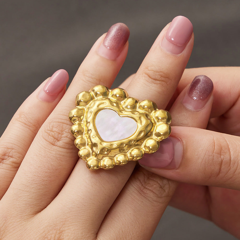 316L Stainless Steel 18K Gold PVD Heart Mother of Pearl Color-Drip Ring - Heart Mother of Pearl Color-Drip Gold Ring Wholesale Stainless Steel Jewelry - Sensitive Skin Friendly - Detail 6