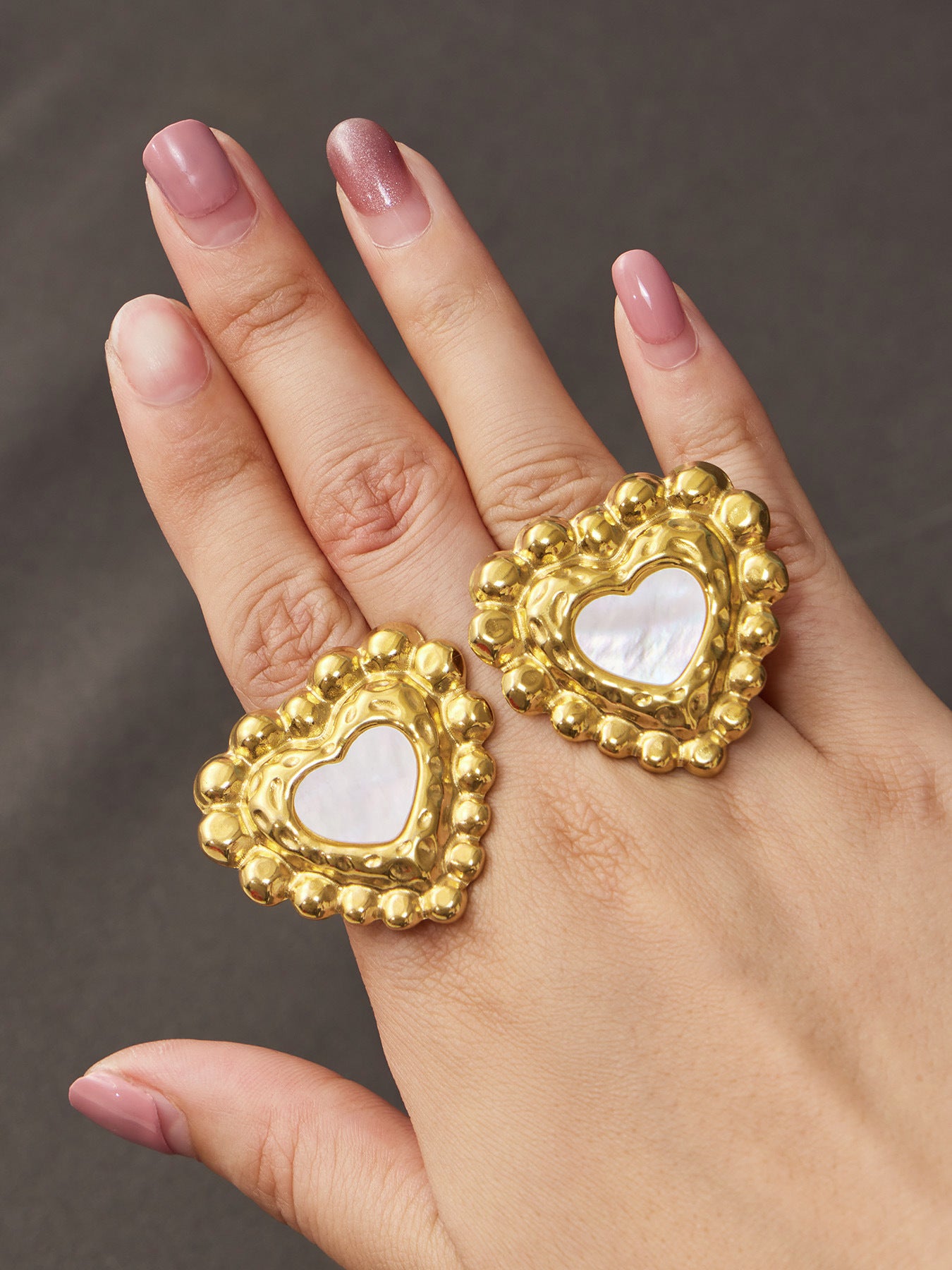 316L Stainless Steel 18K Gold PVD Heart Mother of Pearl Color-Drip Ring - Heart Mother of Pearl Color-Drip Gold Ring Wholesale Stainless Steel Jewelry - Sensitive Skin Friendly - Detail 8